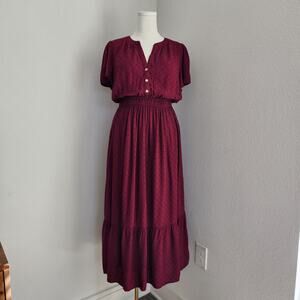 LOFT Burgundy Swiss Dot Textured Button Front Midi A-Line Dress L